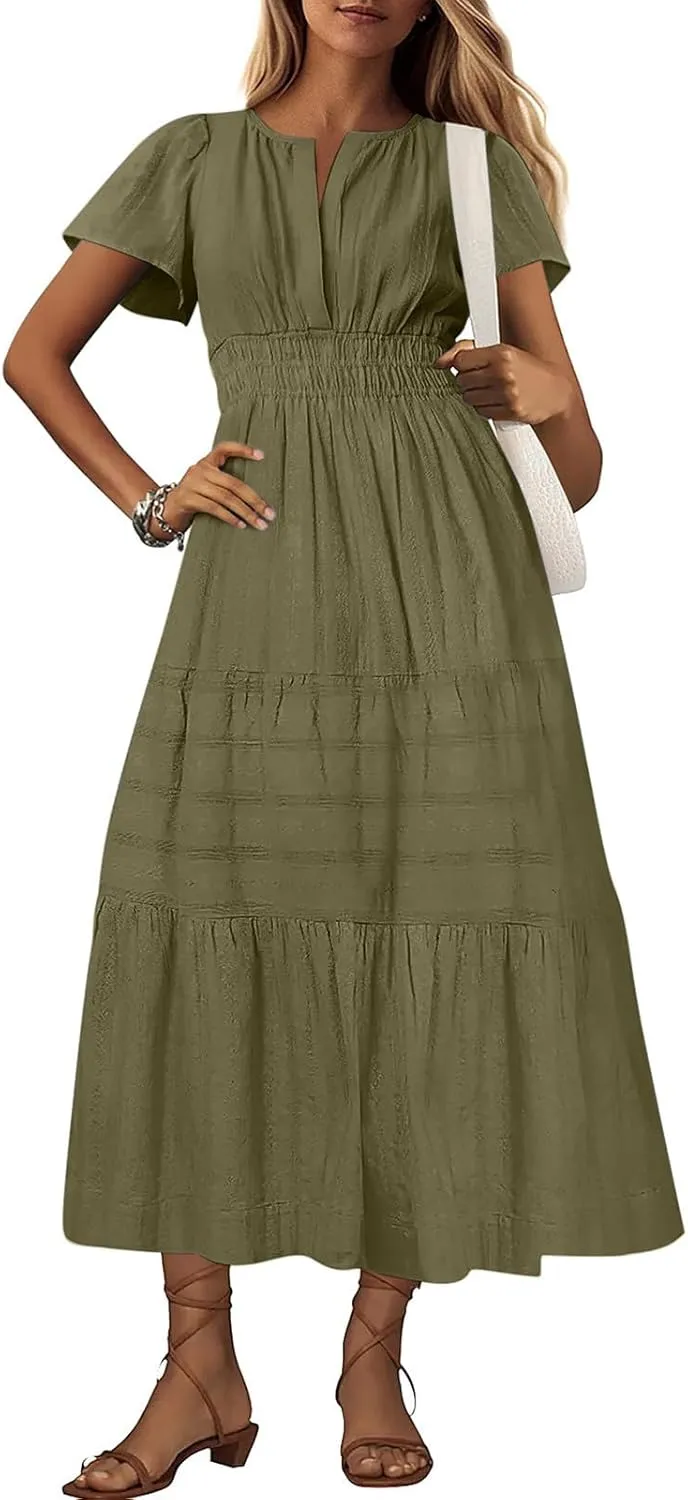 XUNRYAN 2025 Womens Summer Casual Maxi Dresses Lightweight Short Sleeve V-Neck Elastic Waist Boho Dress Beach Sundress
