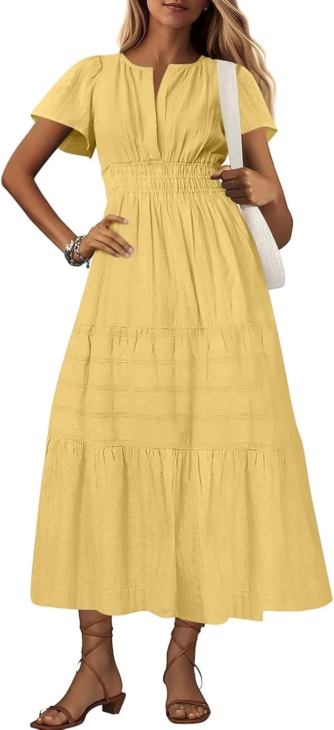 XUNRYAN 2025 Womens Summer Casual Maxi Dresses Lightweight Short Sleeve V-Neck Elastic Waist Boho Dress Beach Sundress