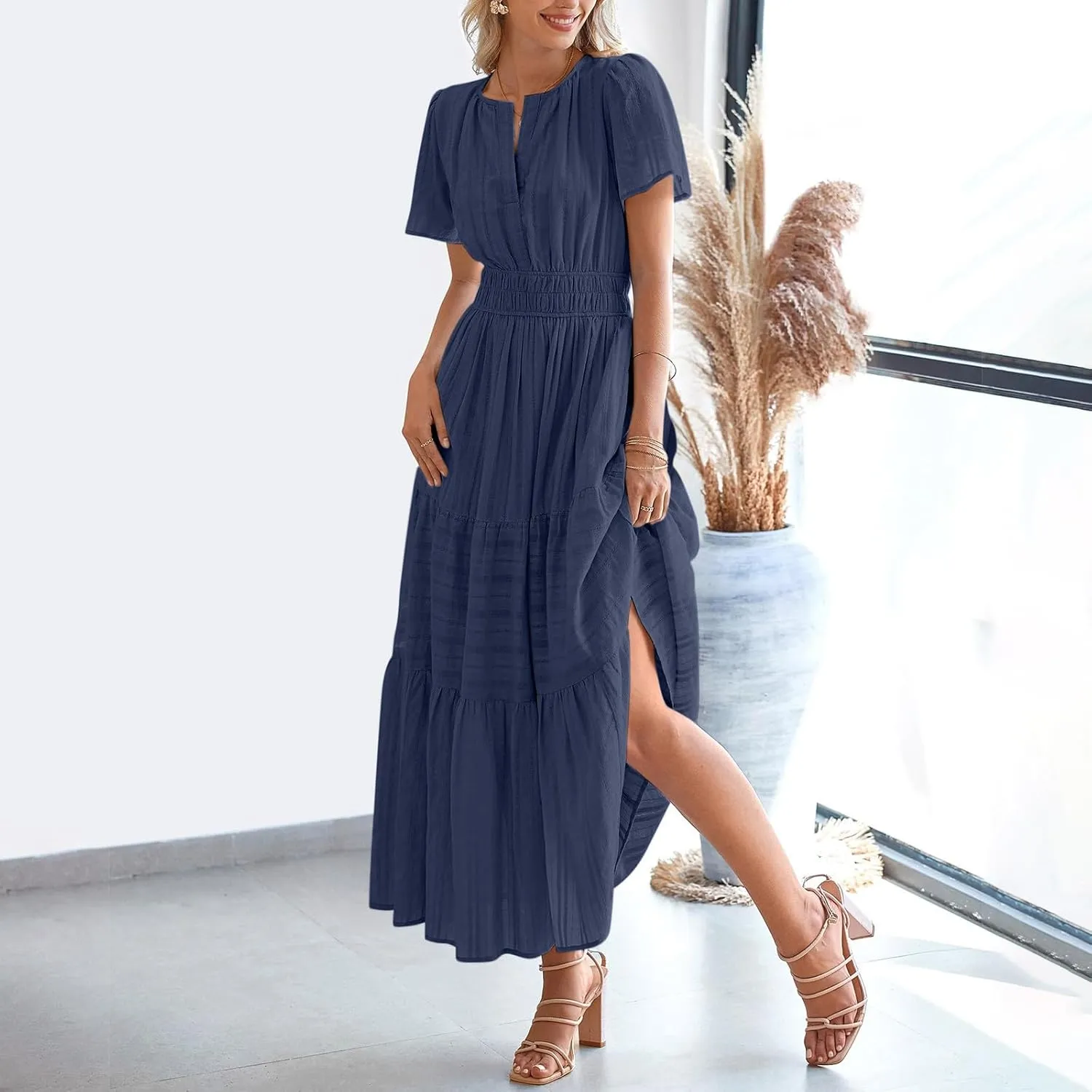 XUNRYAN 2025 Womens Summer Casual Maxi Dresses Lightweight Short Sleeve V-Neck Elastic Waist Boho Dress Beach Sundress