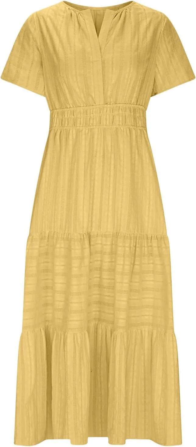 XUNRYAN 2025 Womens Summer Casual Maxi Dresses Lightweight Short Sleeve V-Neck Elastic Waist Boho Dress Beach Sundress