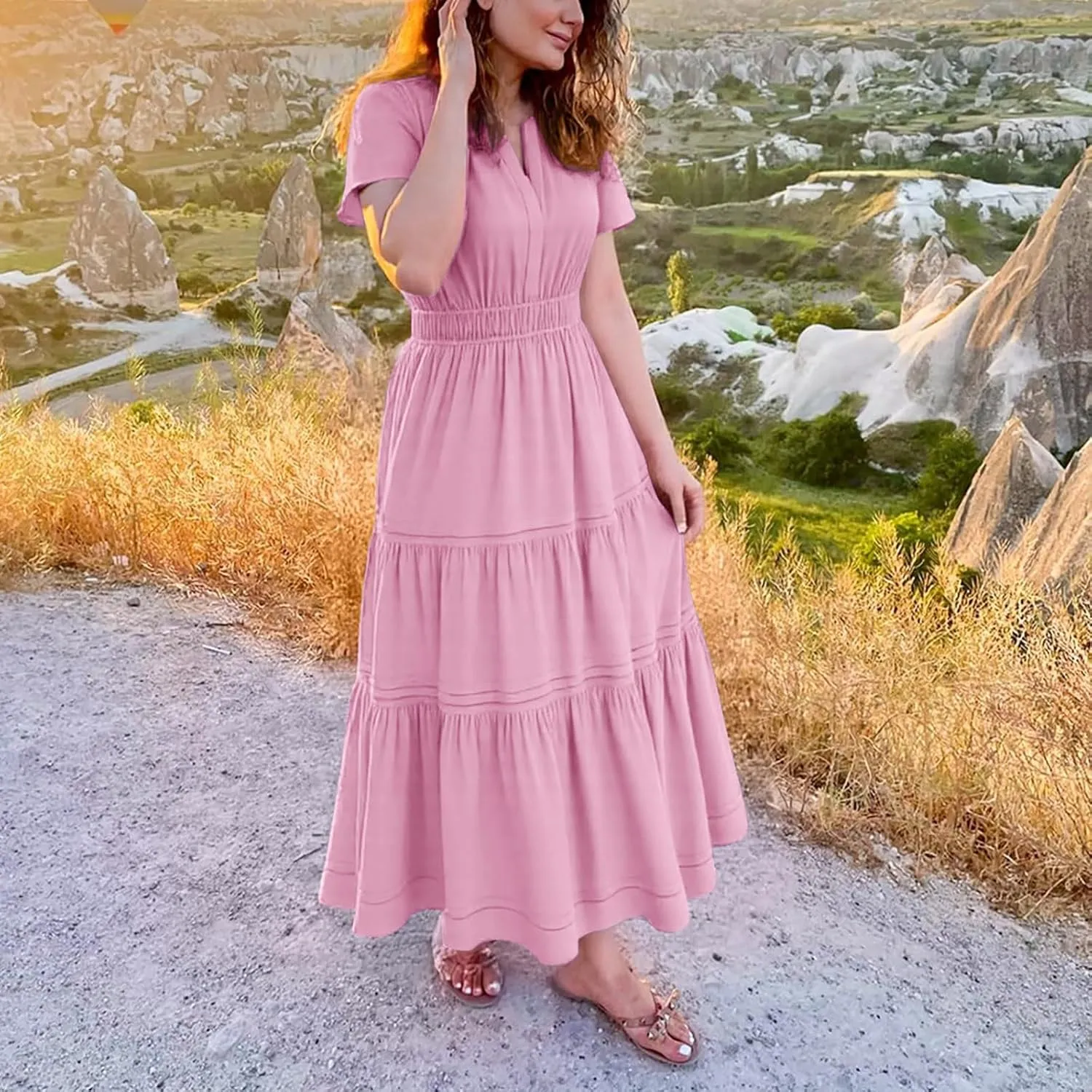 XUNRYAN 2025 Womens Summer Casual Midi Dresses Short Sleeve V Neck Elastic Waist Elegant Boho Flowy Long Dress Beach Sundress