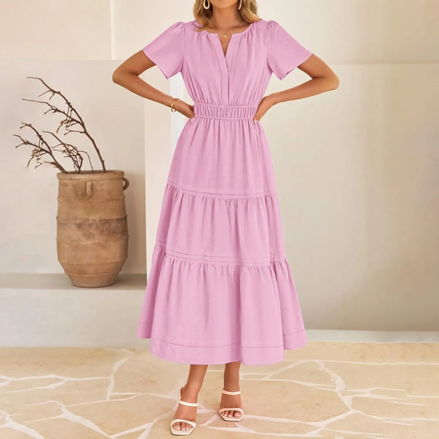 XUNRYAN 2025 Womens Summer Casual Midi Dresses Short Sleeve V Neck Elastic Waist Elegant Boho Flowy Long Dress Beach Sundress