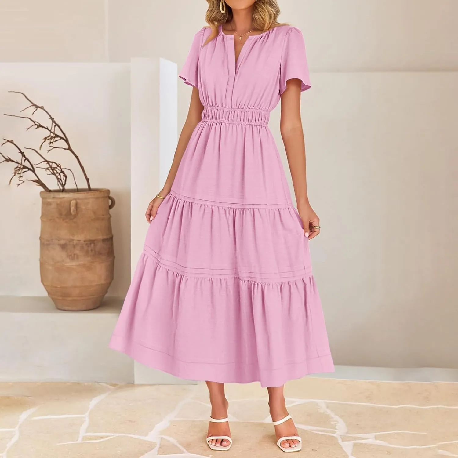 XUNRYAN 2025 Womens Summer Casual Midi Dresses Short Sleeve V Neck Elastic Waist Elegant Boho Flowy Long Dress Beach Sundress
