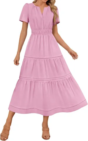 XUNRYAN 2025 Womens Summer Casual Midi Dresses Short Sleeve V Neck Elastic Waist Elegant Boho Flowy Long Dress Beach Sundress