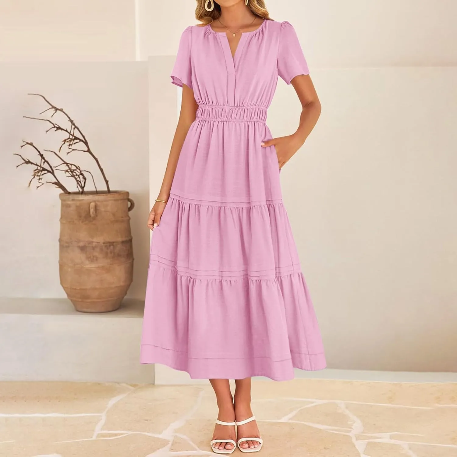 XUNRYAN 2025 Womens Summer Casual Midi Dresses Short Sleeve V Neck Elastic Waist Elegant Boho Flowy Long Dress Beach Sundress