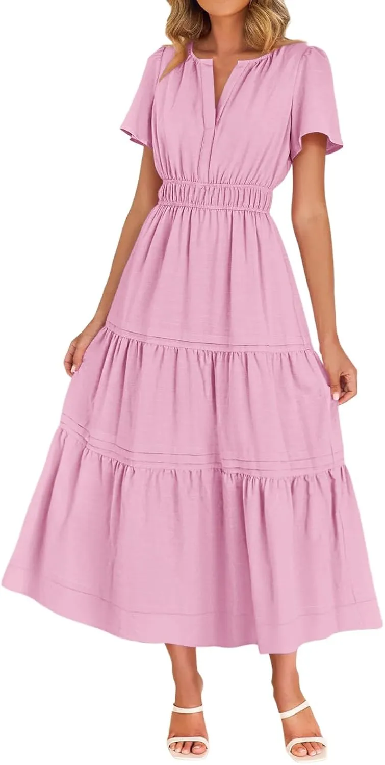 XUNRYAN 2025 Womens Summer Casual Midi Dresses Short Sleeve V Neck Elastic Waist Elegant Boho Flowy Long Dress Beach Sundress