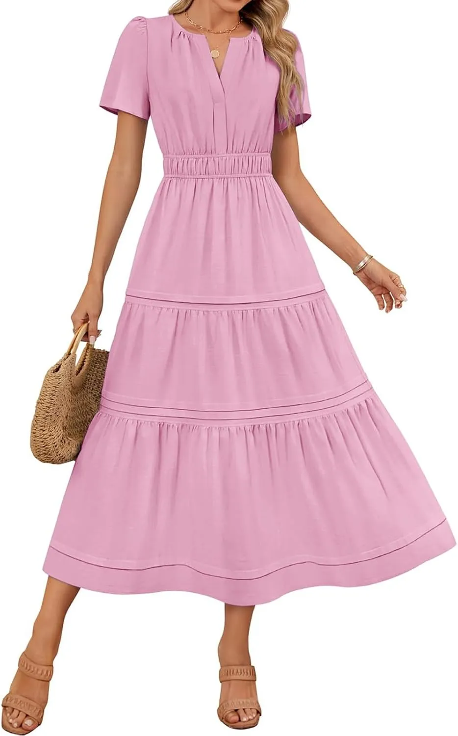 XUNRYAN 2025 Womens Summer Casual Midi Dresses Short Sleeve V Neck Elastic Waist Elegant Boho Flowy Long Dress Beach Sundress