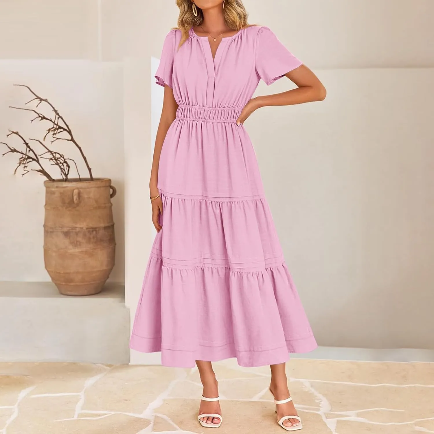 XUNRYAN 2025 Womens Summer Casual Midi Dresses Short Sleeve V Neck Elastic Waist Elegant Boho Flowy Long Dress Beach Sundress