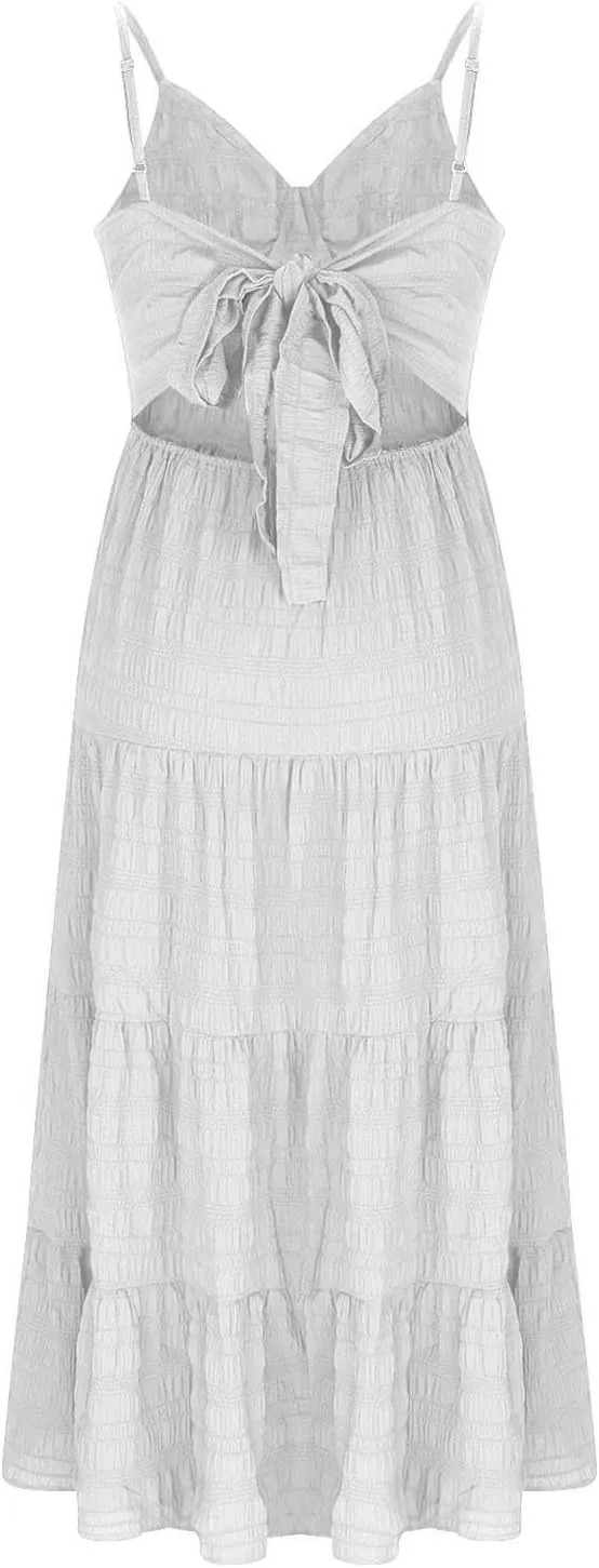 XUNRYAN 2025 Women's Summer Smocked Cami Maxi Dress Boho V Neck Spaghetti Strap Dresses A-Line Flowy Beach Long Sundress