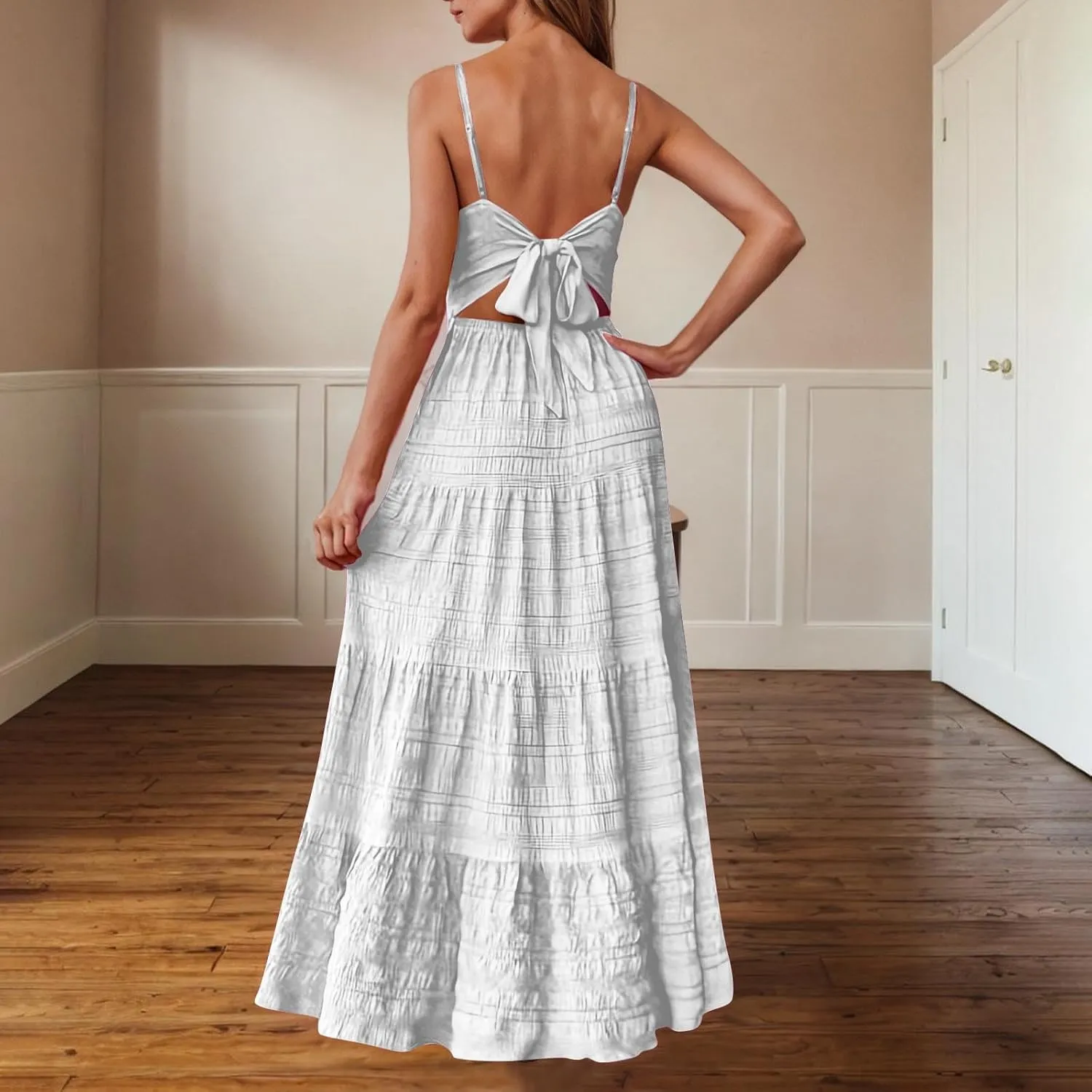 XUNRYAN 2025 Women's Summer Smocked Cami Maxi Dress Boho V Neck Spaghetti Strap Dresses A-Line Flowy Beach Long Sundress