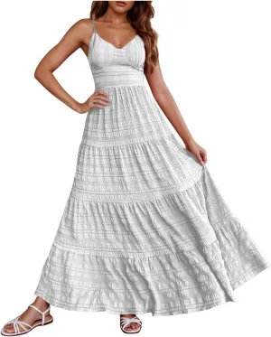 XUNRYAN 2025 Women's Summer Smocked Cami Maxi Dress Boho V Neck Spaghetti Strap Dresses A-Line Flowy Beach Long Sundress