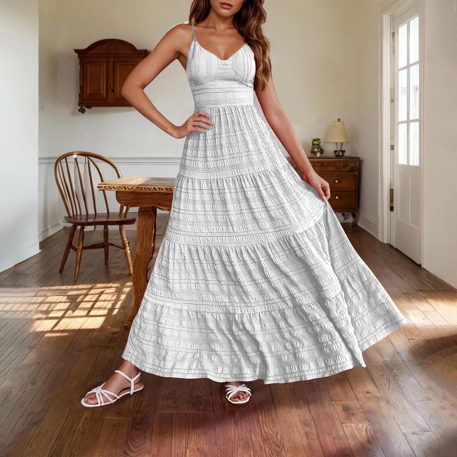 XUNRYAN 2025 Women's Summer Smocked Cami Maxi Dress Boho V Neck Spaghetti Strap Dresses A-Line Flowy Beach Long Sundress