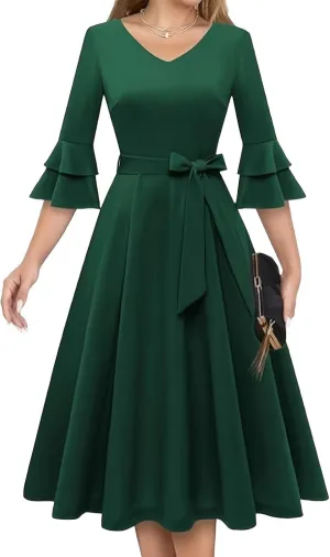 XUNRYAN Cocktail Dress for Women 2025 Long Tiered Bell Sleeves V-Neck Formal Bridesmaid Prom Dresses Evening Party Ball Gown