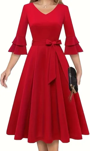 XUNRYAN Cocktail Dress for Women 2025 Long Tiered Bell Sleeves V-Neck Formal Bridesmaid Prom Dresses Evening Party Ball Gown