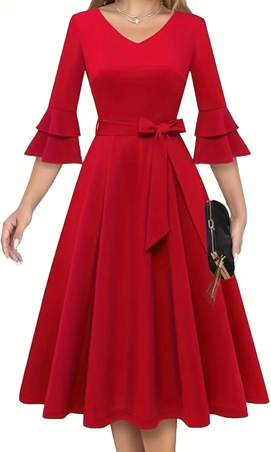 XUNRYAN Cocktail Dress for Women 2025 Long Tiered Bell Sleeves V-Neck Formal Bridesmaid Prom Dresses Evening Party Ball Gown
