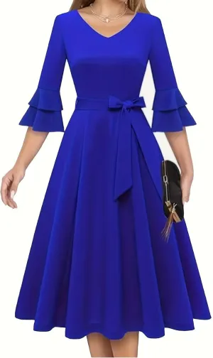 XUNRYAN Cocktail Dress for Women 2025 Long Tiered Bell Sleeves V-Neck Formal Bridesmaid Prom Dresses Evening Party Ball Gown