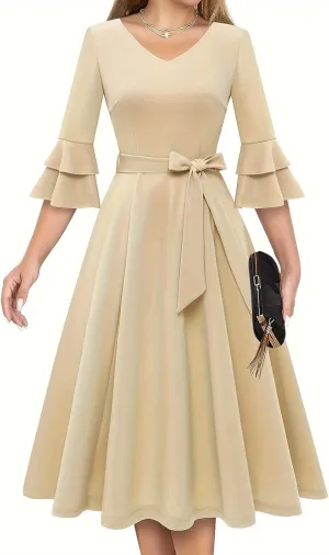 XUNRYAN Cocktail Dress for Women 2025 Long Tiered Bell Sleeves V-Neck Formal Bridesmaid Prom Dresses Evening Party Ball Gown