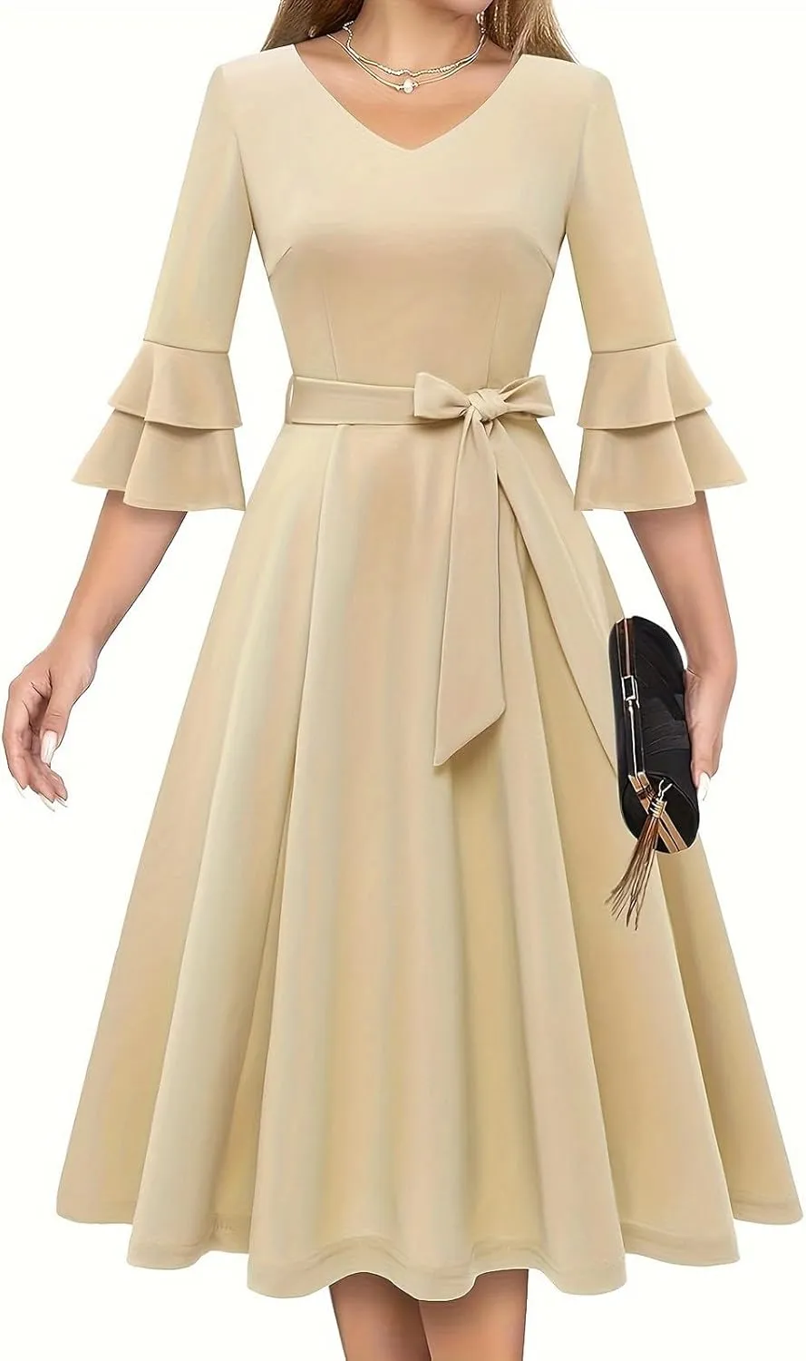 XUNRYAN Cocktail Dress for Women 2025 Long Tiered Bell Sleeves V-Neck Formal Bridesmaid Prom Dresses Evening Party Ball Gown