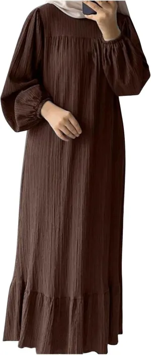XUNRYAN Muslim Abaya Women Plus Size Crewneck Long Sleeve Maxi Dress Ruffle Hem Arabian Dubai Islamic Robe Without Headscarf