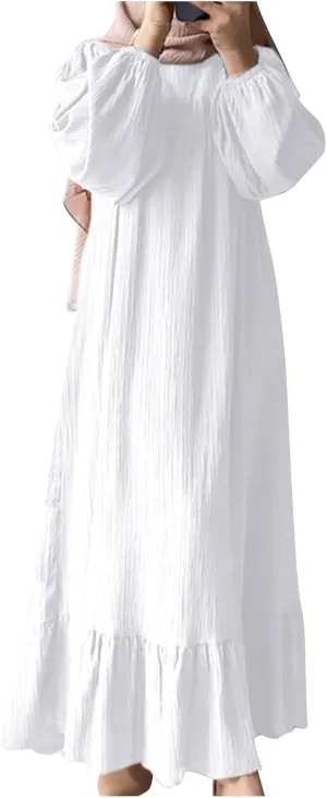 XUNRYAN Muslim Abaya Women Plus Size Crewneck Long Sleeve Maxi Dress Ruffle Hem Arabian Dubai Islamic Robe Without Headscarf