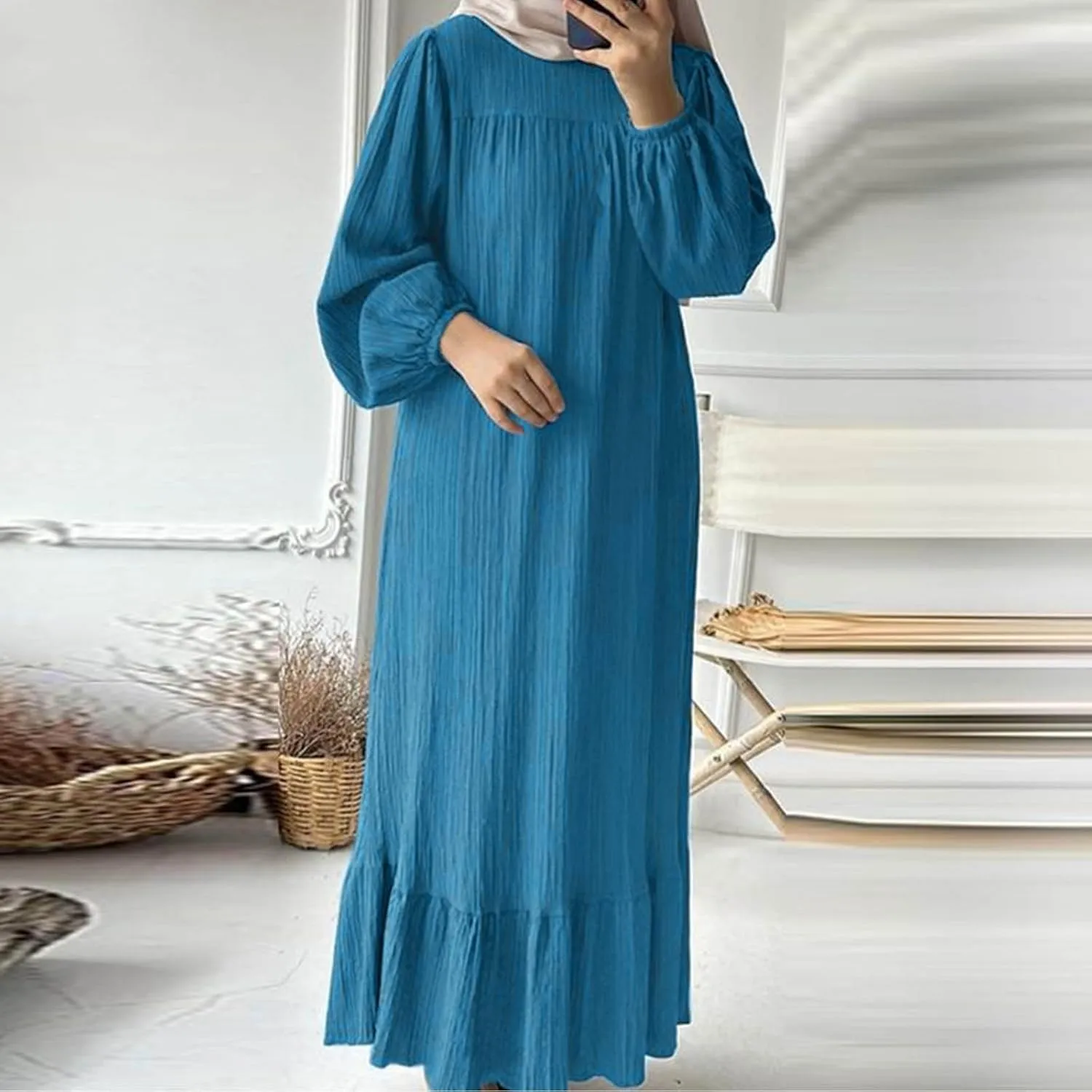 XUNRYAN Muslim Abaya Women Plus Size Crewneck Long Sleeve Maxi Dress Ruffle Hem Arabian Dubai Islamic Robe Without Headscarf