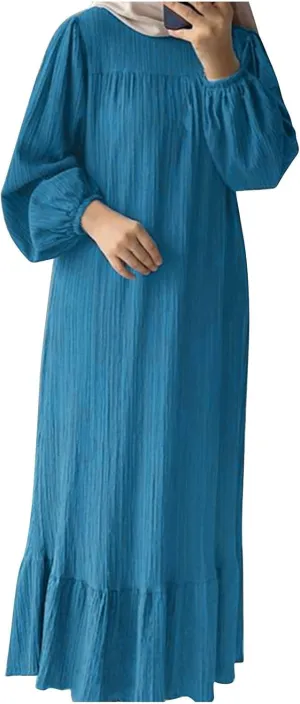 XUNRYAN Muslim Abaya Women Plus Size Crewneck Long Sleeve Maxi Dress Ruffle Hem Arabian Dubai Islamic Robe Without Headscarf