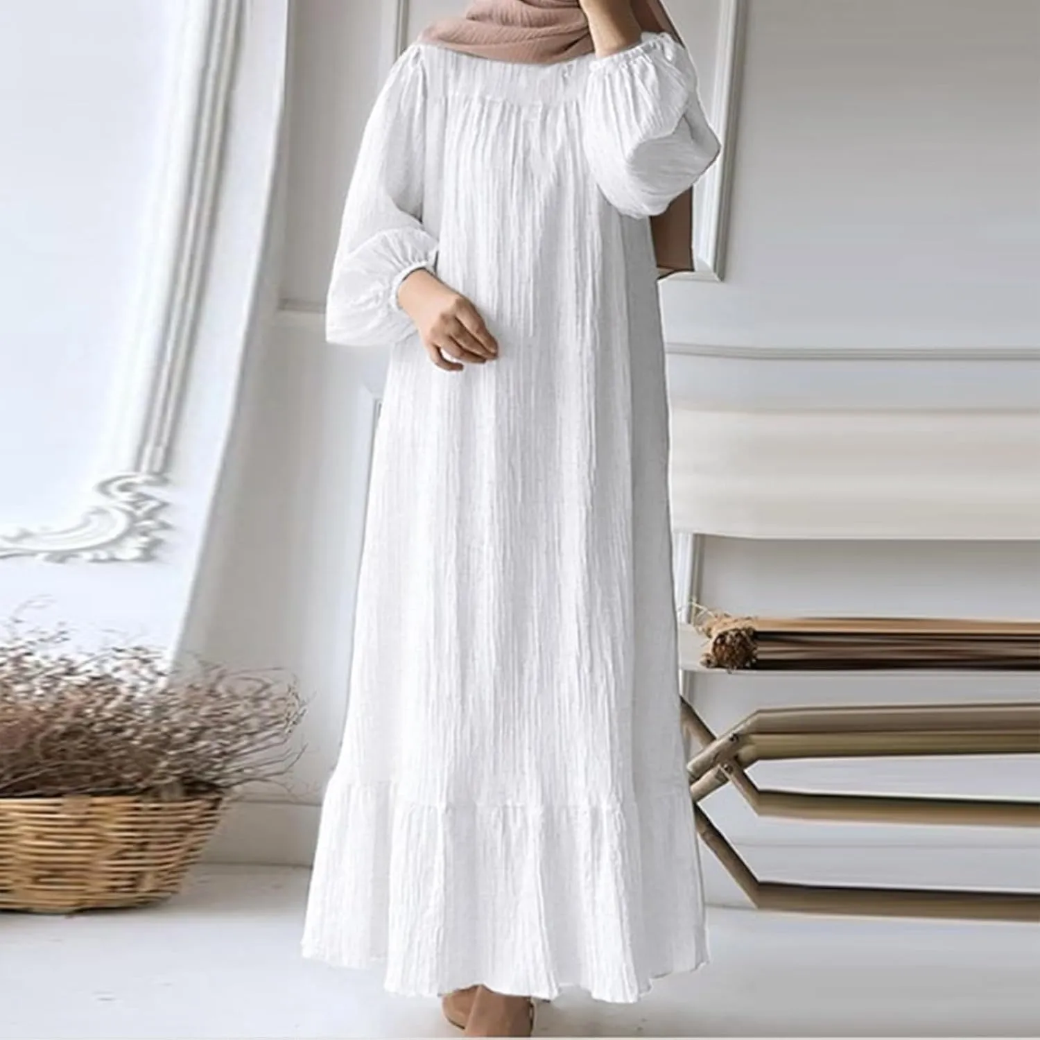 XUNRYAN Muslim Abaya Women Plus Size Crewneck Long Sleeve Maxi Dress Ruffle Hem Arabian Dubai Islamic Robe Without Headscarf