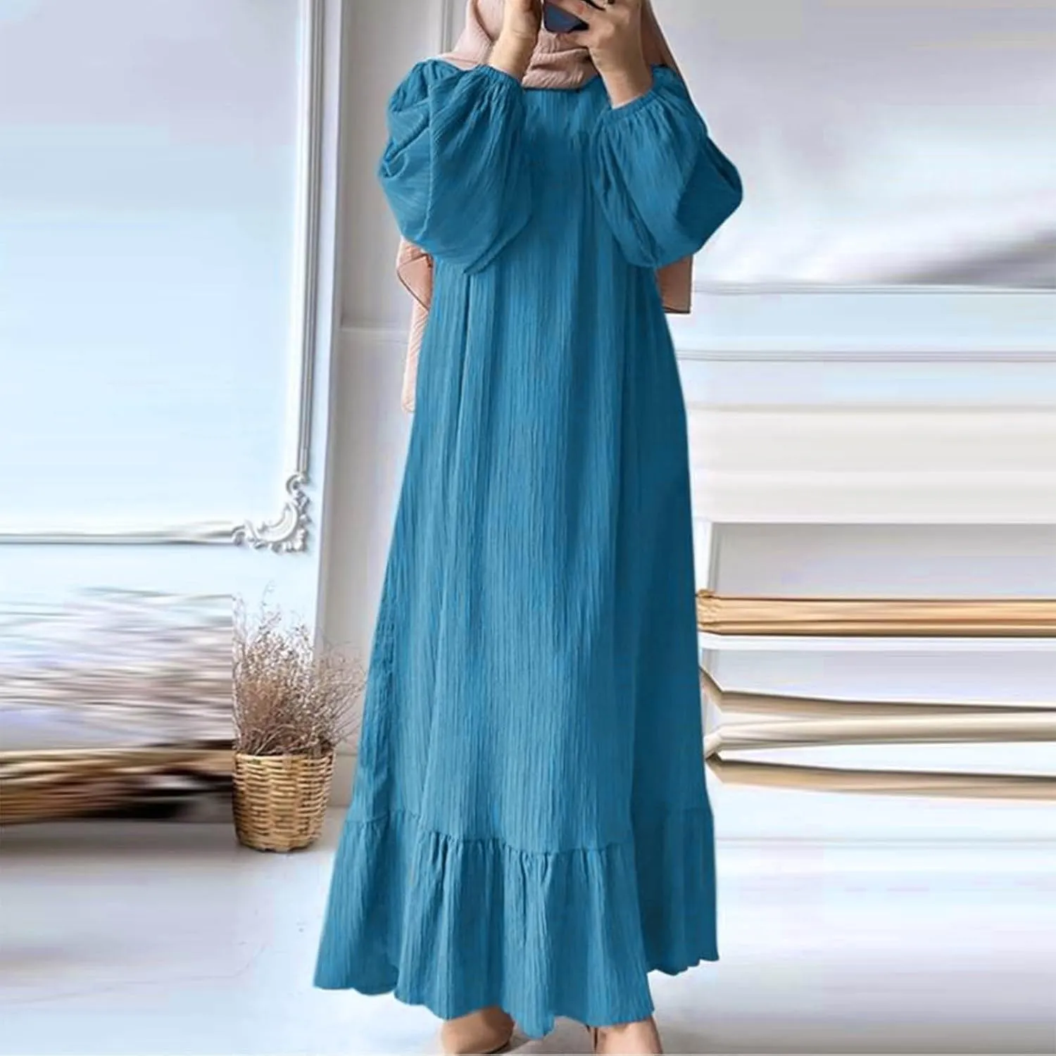 XUNRYAN Muslim Abaya Women Plus Size Crewneck Long Sleeve Maxi Dress Ruffle Hem Arabian Dubai Islamic Robe Without Headscarf