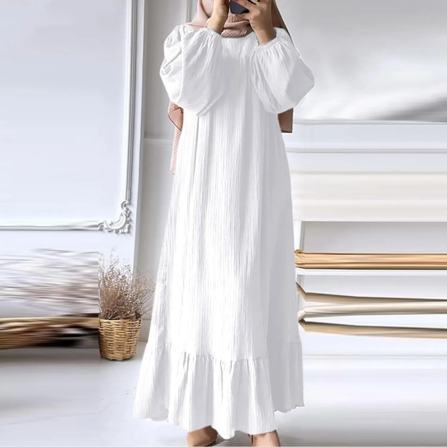 XUNRYAN Muslim Abaya Women Plus Size Crewneck Long Sleeve Maxi Dress Ruffle Hem Arabian Dubai Islamic Robe Without Headscarf