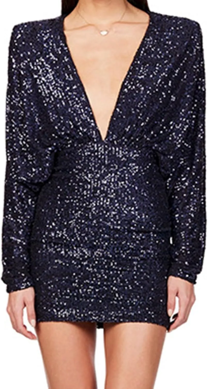 XUNRYAN Sequin Dresses Women 2025 Sparkly Short Prom Dress Sexy Deep V Neck Long Bat Sleeve Cocktail Evening Party Ball Gown