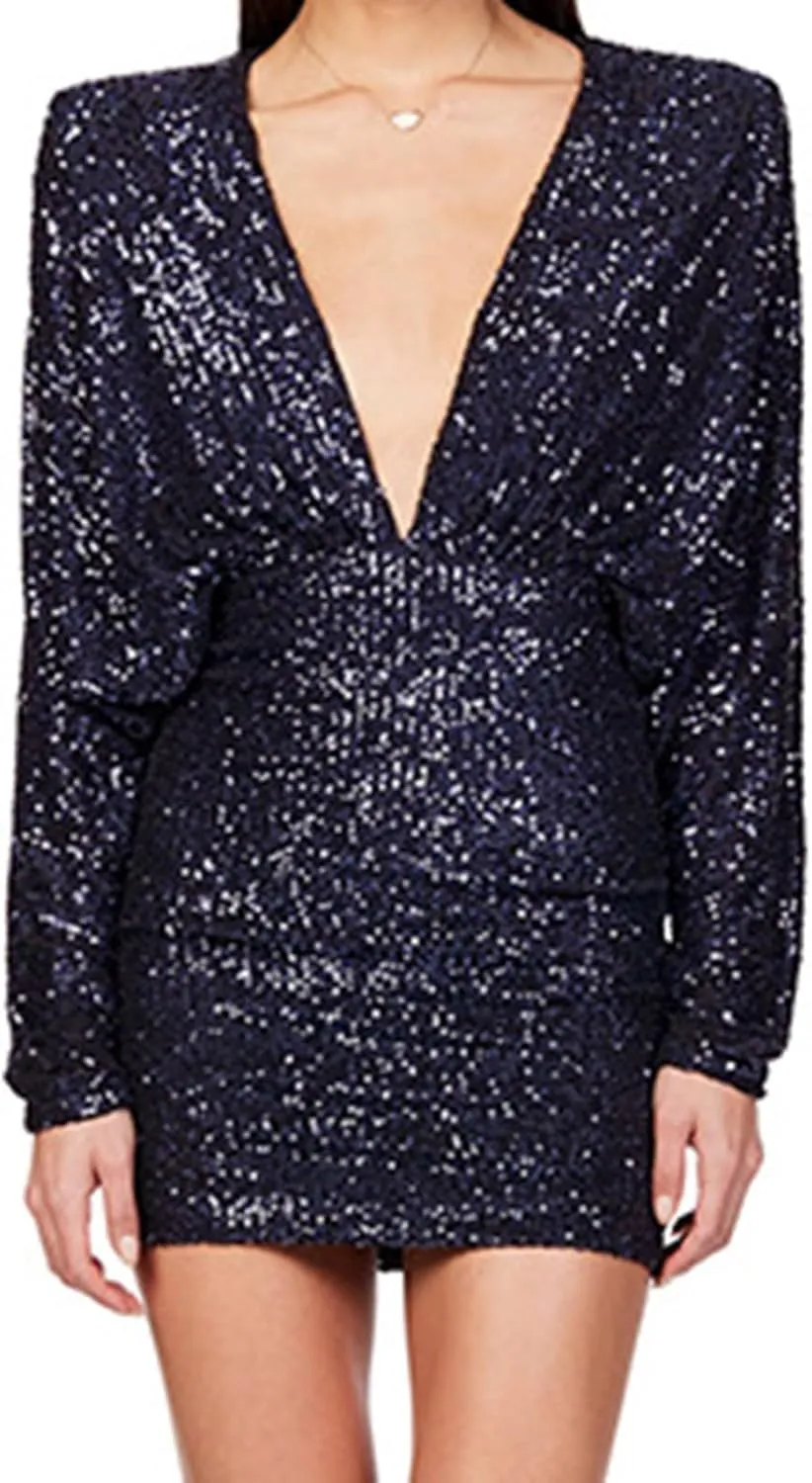XUNRYAN Sequin Dresses Women 2025 Sparkly Short Prom Dress Sexy Deep V Neck Long Bat Sleeve Cocktail Evening Party Ball Gown