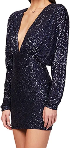 XUNRYAN Sequin Dresses Women 2025 Sparkly Short Prom Dress Sexy Deep V Neck Long Bat Sleeve Cocktail Evening Party Ball Gown