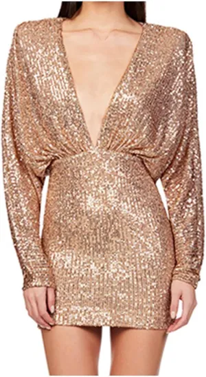 XUNRYAN Sequin Dresses Women 2025 Sparkly Short Prom Dress Sexy Deep V Neck Long Bat Sleeve Cocktail Evening Party Ball Gown