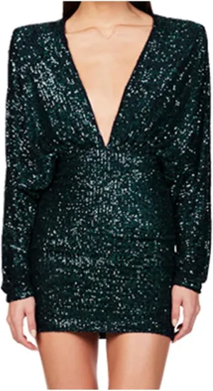 XUNRYAN Sequin Dresses Women 2025 Sparkly Short Prom Dress Sexy Deep V Neck Long Bat Sleeve Cocktail Evening Party Ball Gown