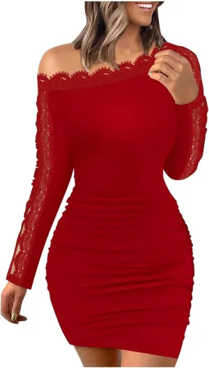 XUNRYAN Sexy Off Shoulder Bodycon Dress Women Long Sleeve Embroidered Floral Lace Formal Cocktail Evening Party Mini Dresses