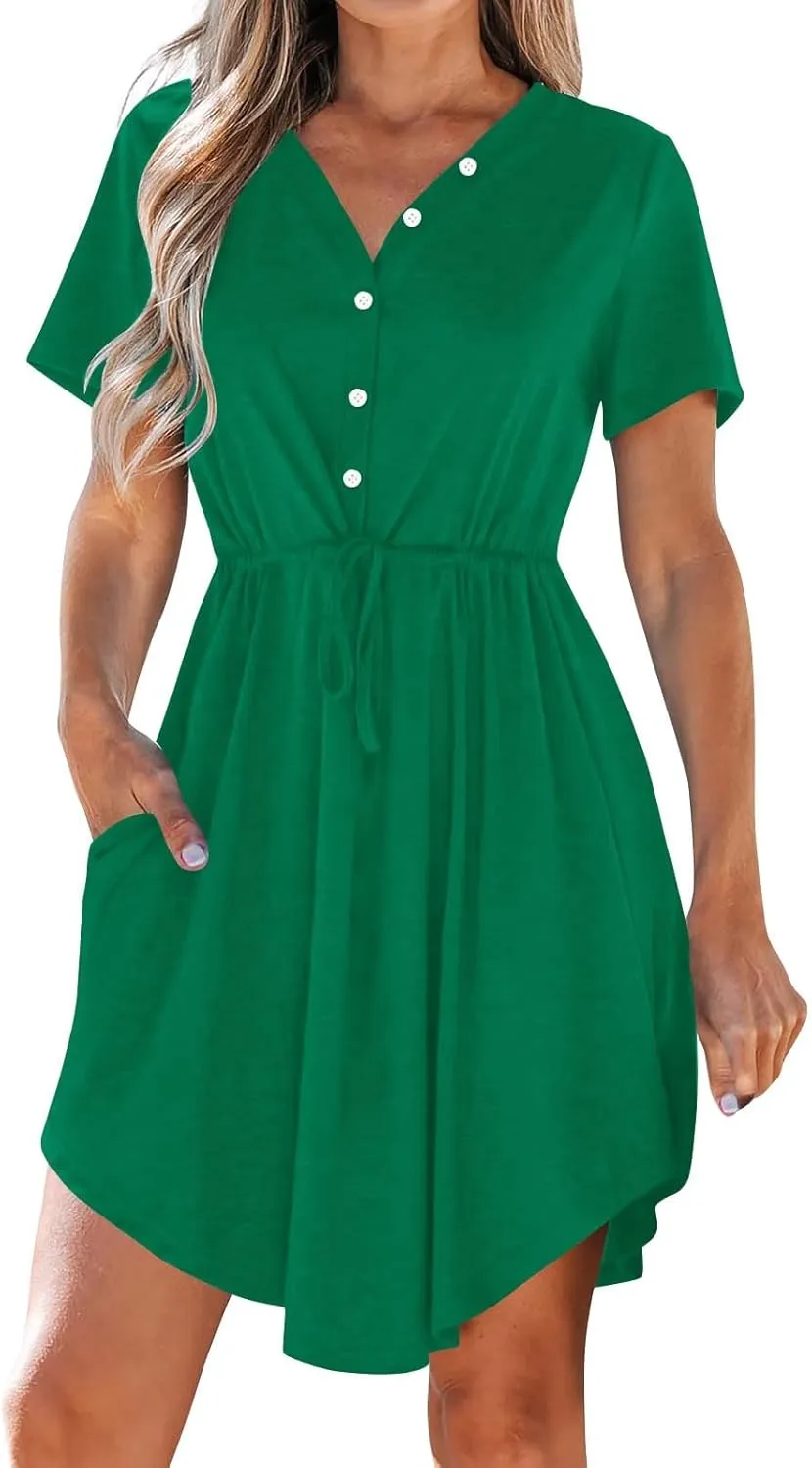 XUNRYAN Summer Dress Women 2025 Short Sleeve Casual Button V-Neck Mini Dresses Elastic Tie Waist Beach Sundress Pockets