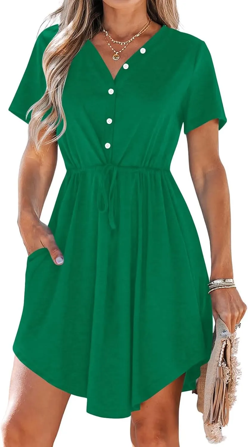 XUNRYAN Summer Dress Women 2025 Short Sleeve Casual Button V-Neck Mini Dresses Elastic Tie Waist Beach Sundress Pockets