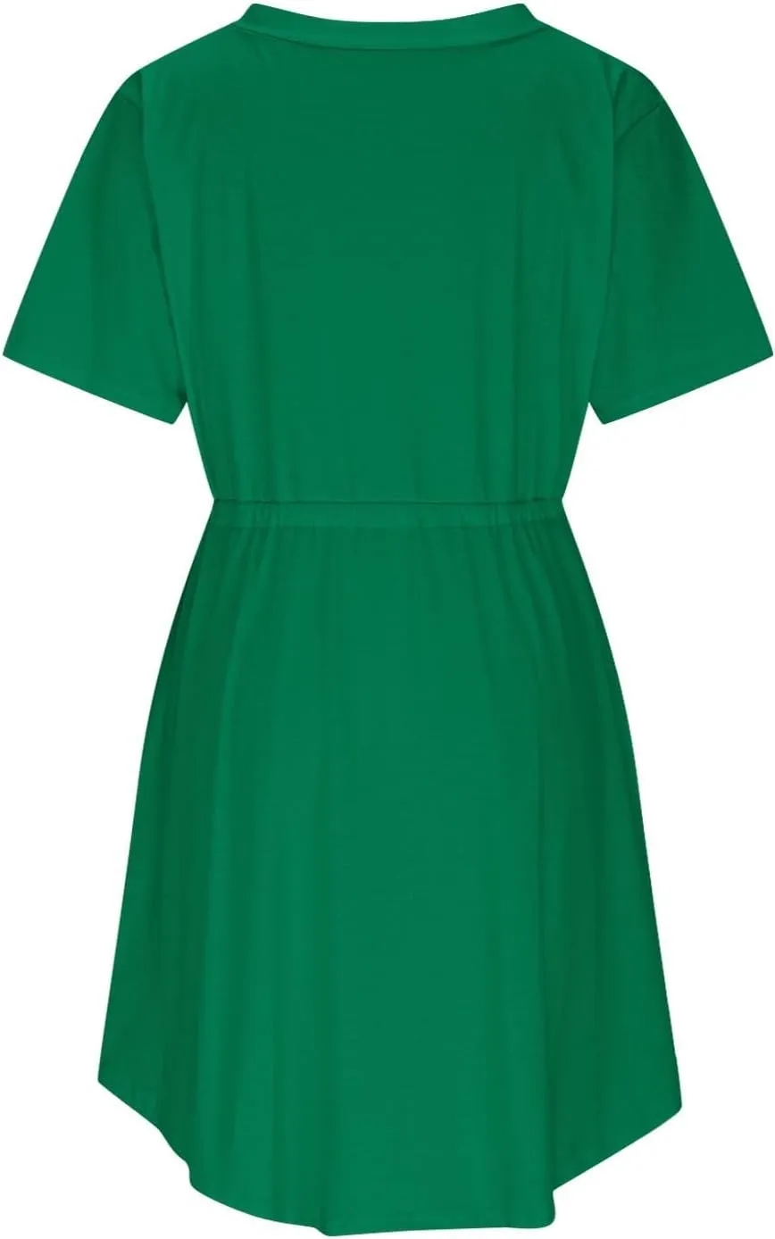 XUNRYAN Summer Dress Women 2025 Short Sleeve Casual Button V-Neck Mini Dresses Elastic Tie Waist Beach Sundress Pockets