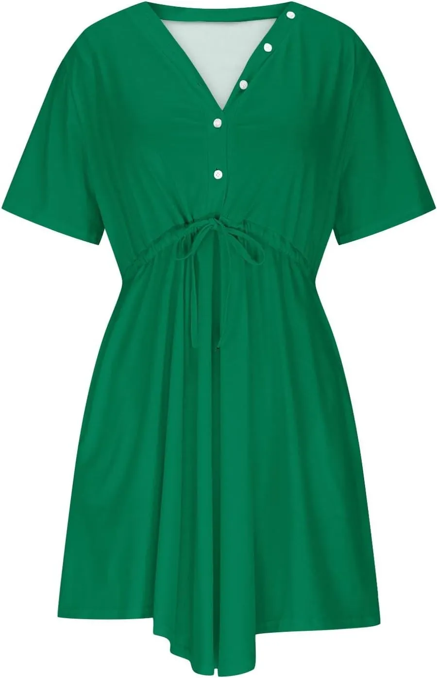 XUNRYAN Summer Dress Women 2025 Short Sleeve Casual Button V-Neck Mini Dresses Elastic Tie Waist Beach Sundress Pockets