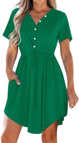 XUNRYAN Summer Dress Women 2025 Short Sleeve Casual Button V-Neck Mini Dresses Elastic Tie Waist Beach Sundress Pockets
