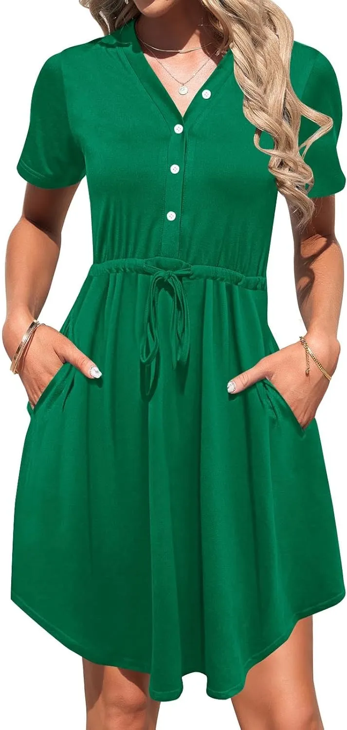XUNRYAN Summer Dress Women 2025 Short Sleeve Casual Button V-Neck Mini Dresses Elastic Tie Waist Beach Sundress Pockets