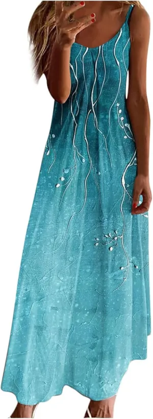 XUNRYAN Summer Dresses for Women 2025 Vacation Casual Sleeveless Maxi Dress Trendy Flowy Beach Long Spaghetti Strap Sundress