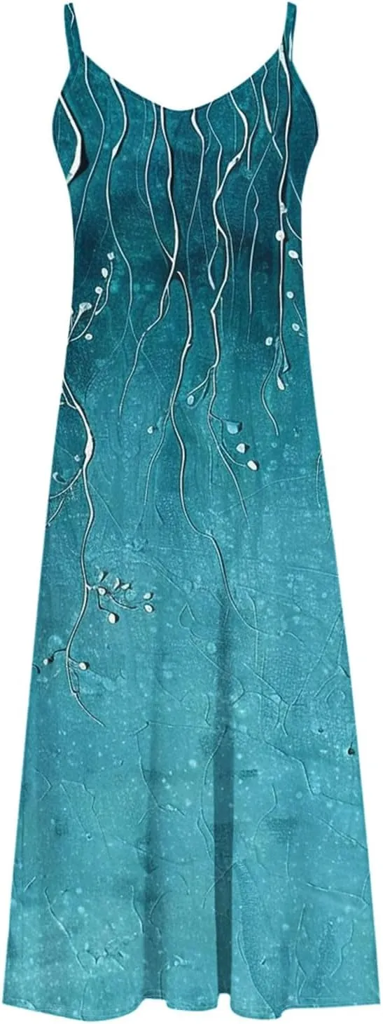 XUNRYAN Summer Dresses for Women 2025 Vacation Casual Sleeveless Maxi Dress Trendy Flowy Beach Long Spaghetti Strap Sundress
