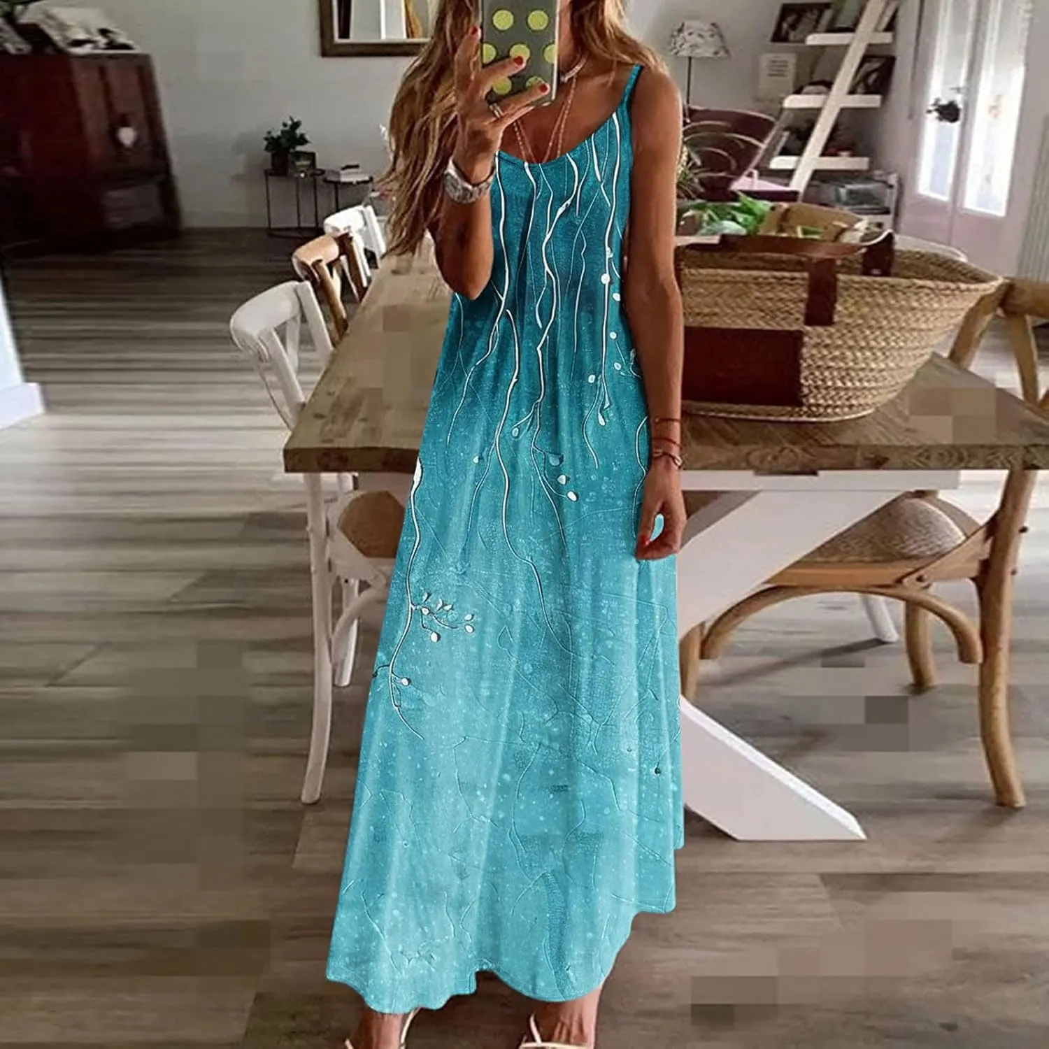 XUNRYAN Summer Dresses for Women 2025 Vacation Casual Sleeveless Maxi Dress Trendy Flowy Beach Long Spaghetti Strap Sundress