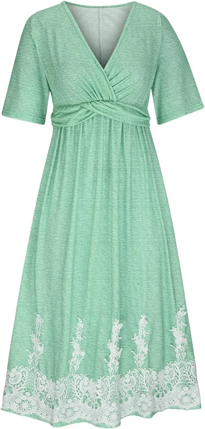 XUNRYAN Summer Dresses Women 2025 Embroidered Floral Lace Twist Front V-Neck High Waist Midi Dress Short Sleeve Sundresses