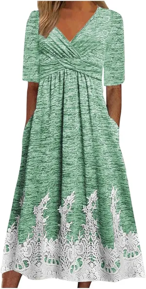 XUNRYAN Summer Dresses Women 2025 Embroidered Floral Lace Twist Front V-Neck High Waist Midi Dress Short Sleeve Sundresses