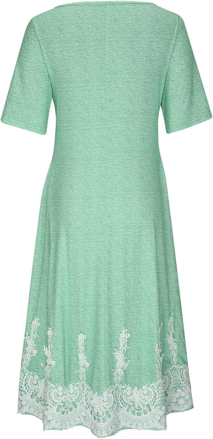XUNRYAN Summer Dresses Women 2025 Embroidered Floral Lace Twist Front V-Neck High Waist Midi Dress Short Sleeve Sundresses