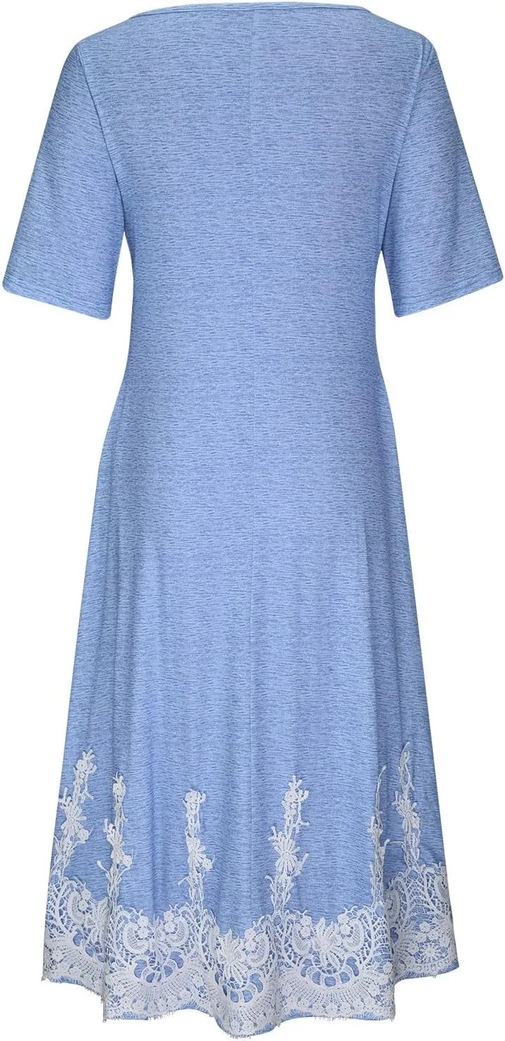 XUNRYAN Summer Dresses Women 2025 Embroidered Floral Lace Twist Front V-Neck High Waist Midi Dress Short Sleeve Sundresses