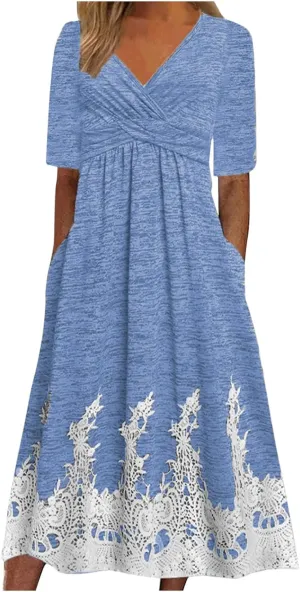 XUNRYAN Summer Dresses Women 2025 Embroidered Floral Lace Twist Front V-Neck High Waist Midi Dress Short Sleeve Sundresses