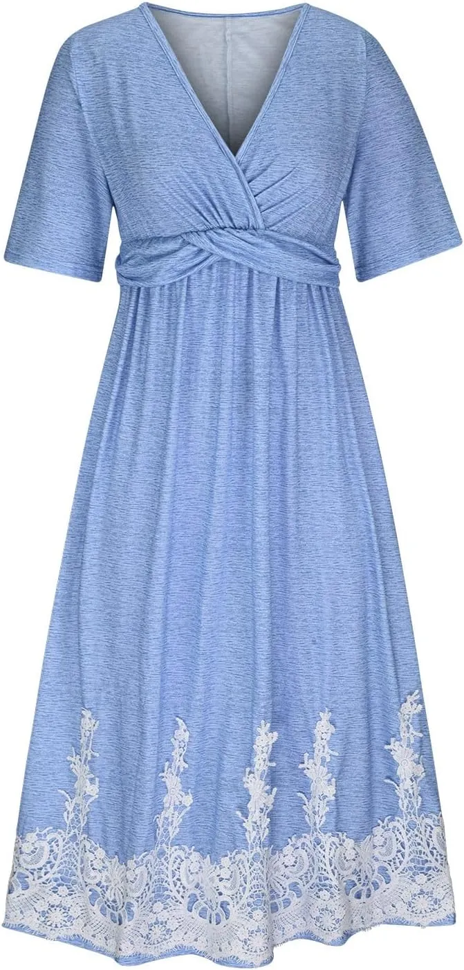 XUNRYAN Summer Dresses Women 2025 Embroidered Floral Lace Twist Front V-Neck High Waist Midi Dress Short Sleeve Sundresses